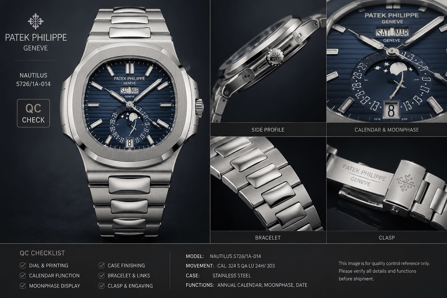 QC photo layout for a Nautilus 5726 replica showing front dial, calendar windows, moonphase-style display, side profile, bracelet, and clasp