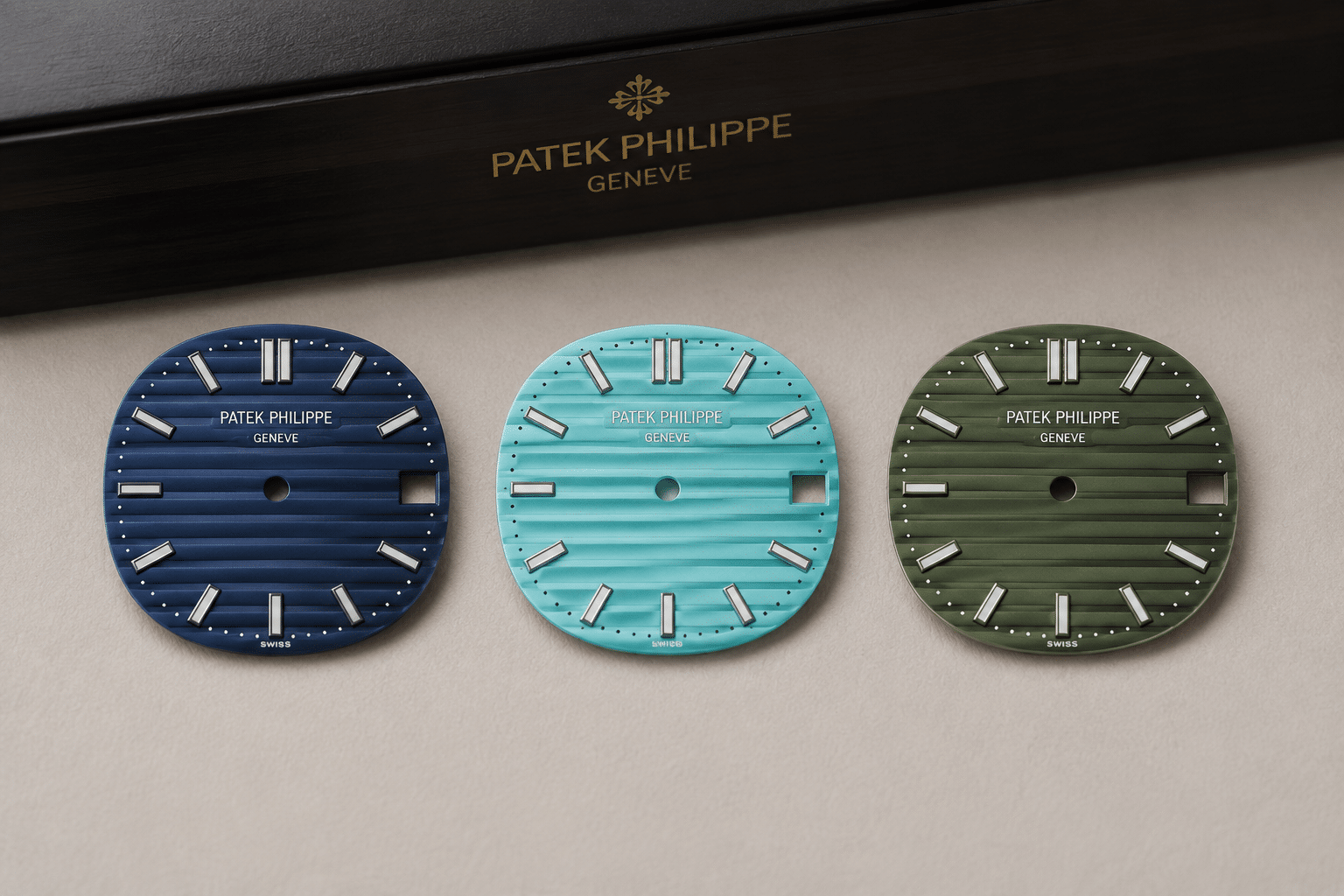 Tiffany Blue Nautilus 5711 replica dial shown beside standard blue and green Nautilus-style dial colors under neutral lighting