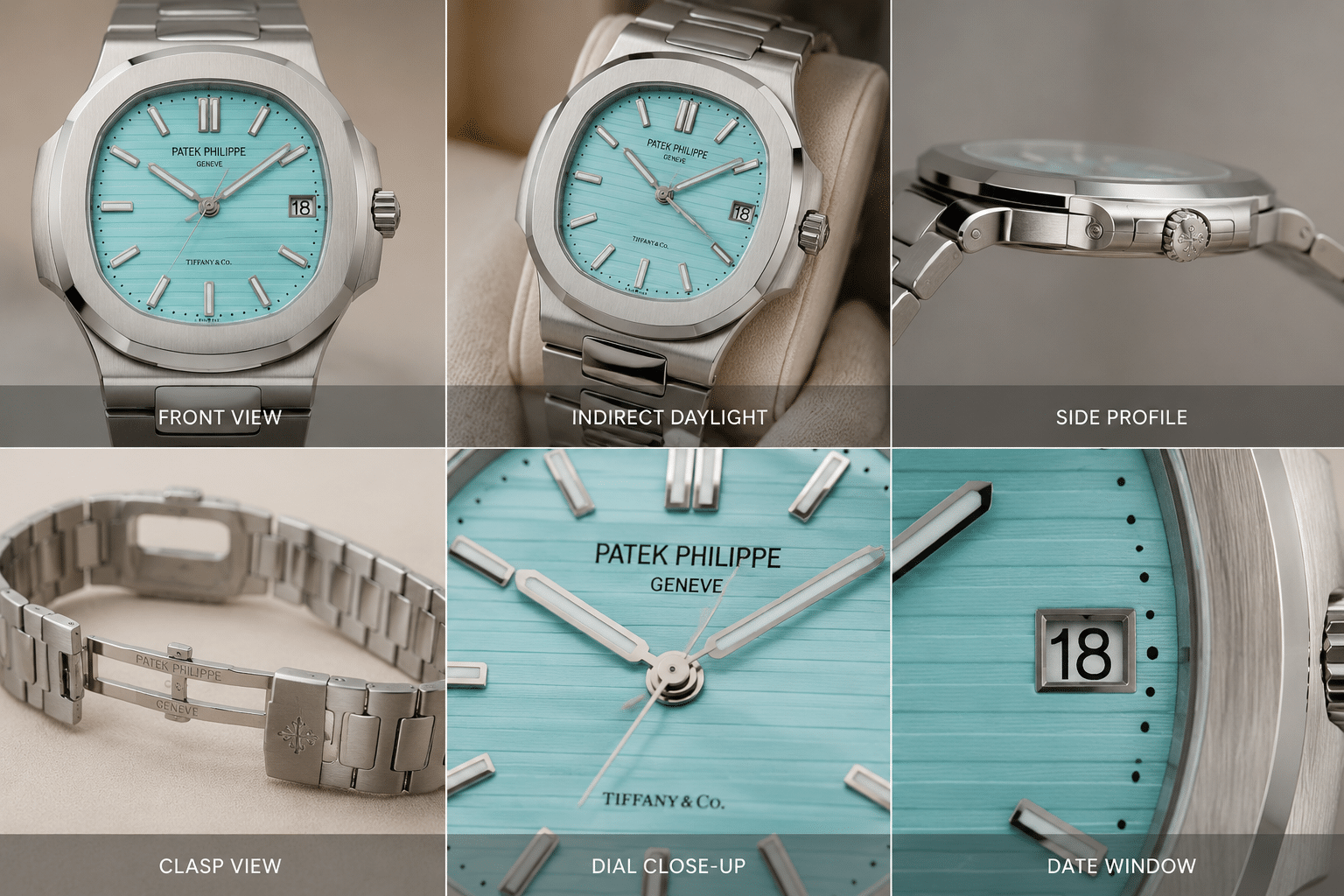 QC photo set showing a Tiffany Blue Nautilus replica dial in neutral indoor light, indirect daylight, slight angle, side profile, clasp, and date window views