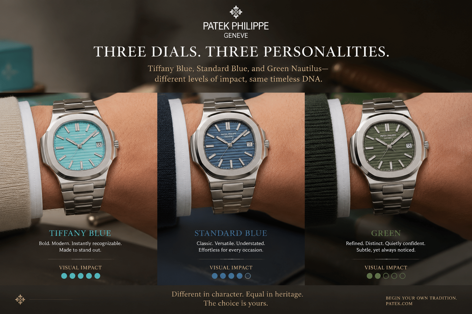 wrist comparison of Tiffany Blue, standard blue, and green Nautilus-style replica dials showing different levels of visual impact and daily-wear subtlety