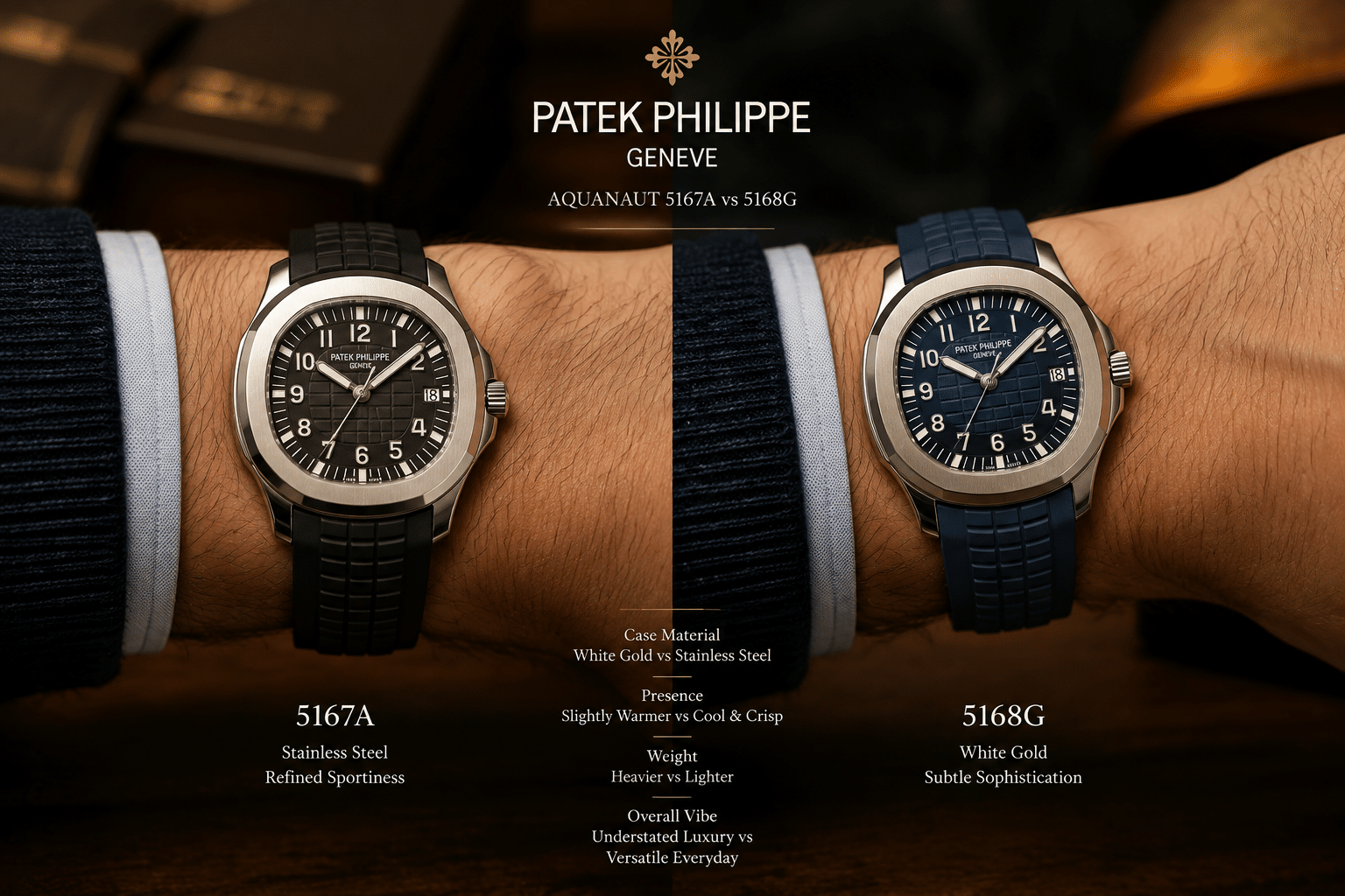 side-by-side on-wrist comparison of the Aquanaut 5167A and 5168G showing dial presence, strap drop, and overall silhouette