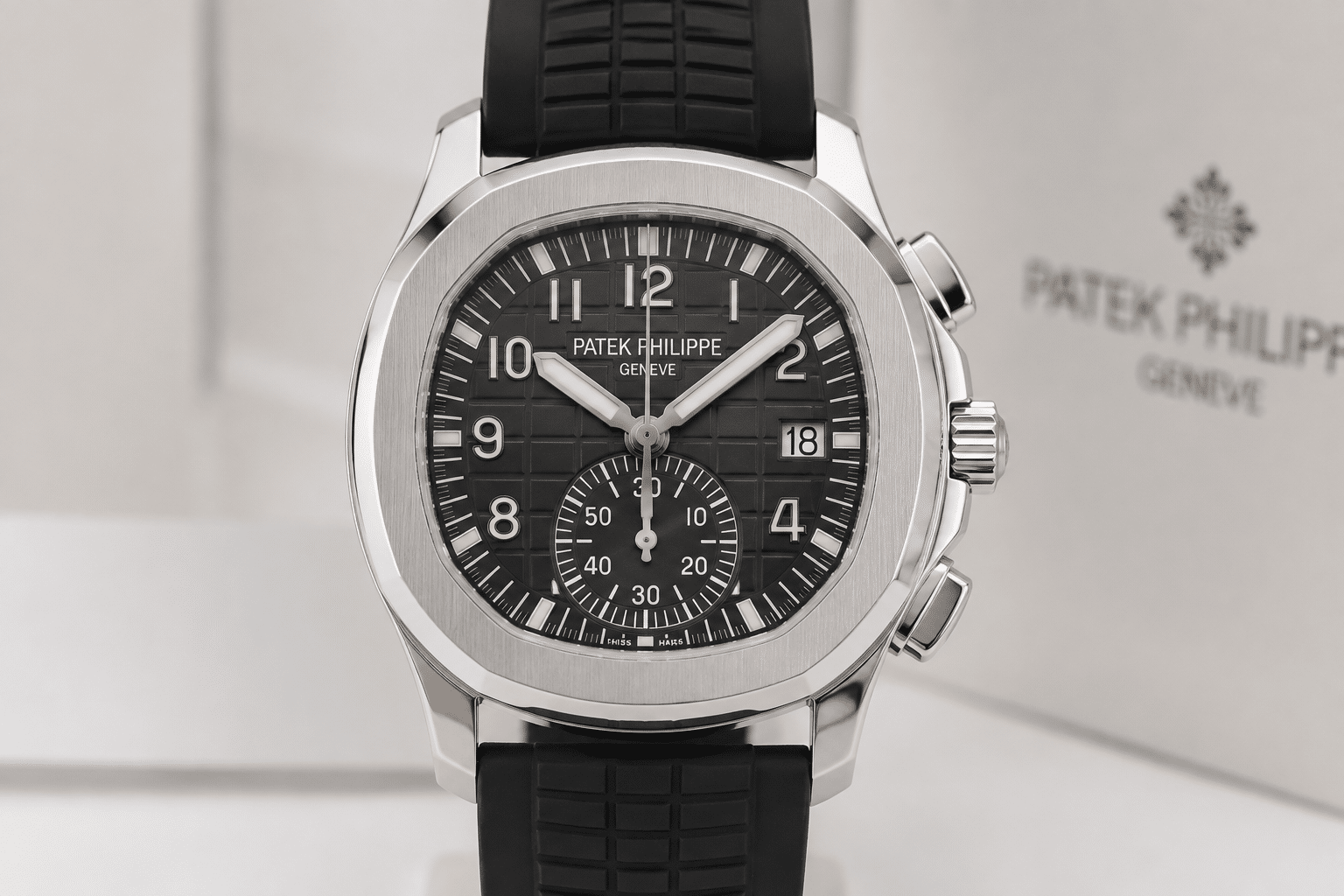 front-facing view of an Aquanaut 5968A super clone showing overall dial balance, subdial placement, and case proportions under neutral lighting