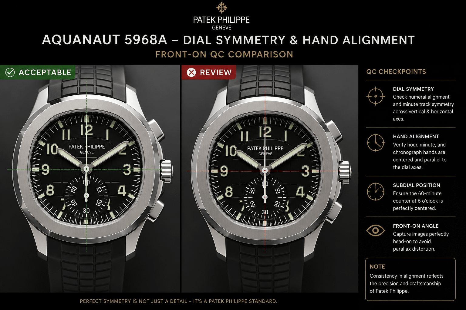 close-up comparison of Aquanaut 5968A dial symmetry, hand alignment, and front-on QC photo angles