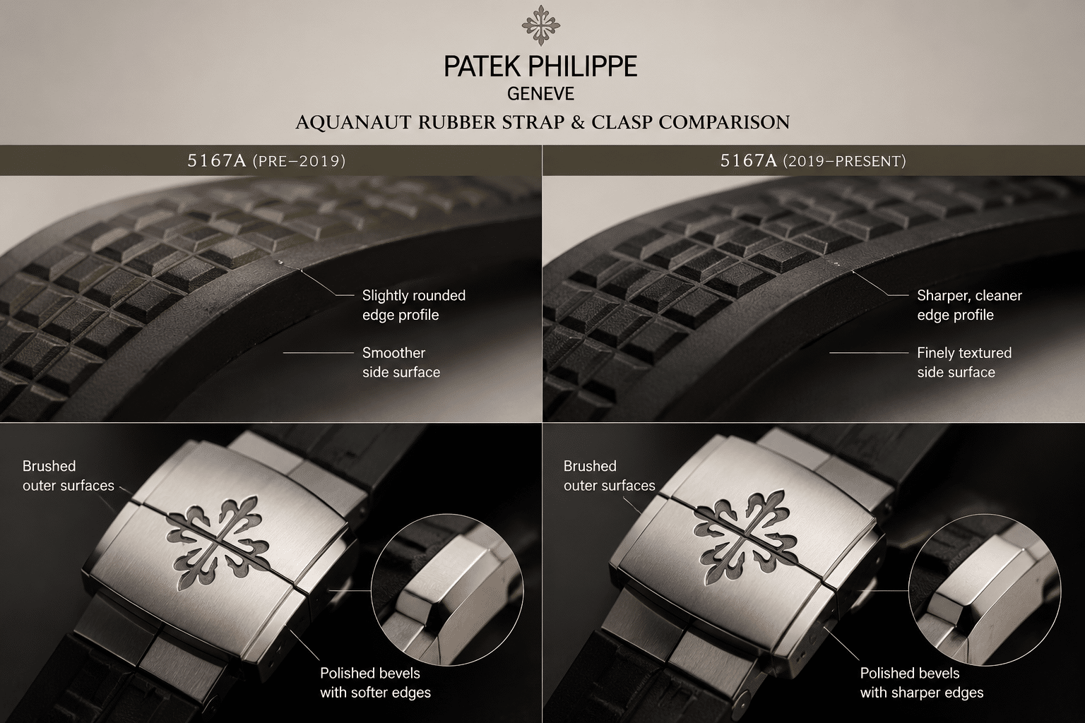 close-up comparison of Aquanaut rubber strap edge finishing, surface texture, and clasp surfaces under neutral lighting