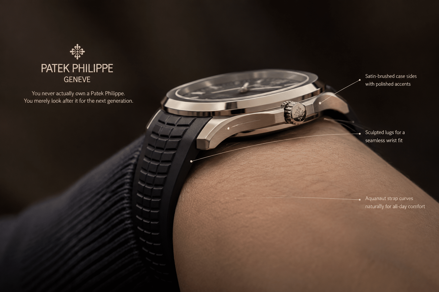 side profile view showing Aquanaut strap curvature, lug transition, and how the strap follows the wrist