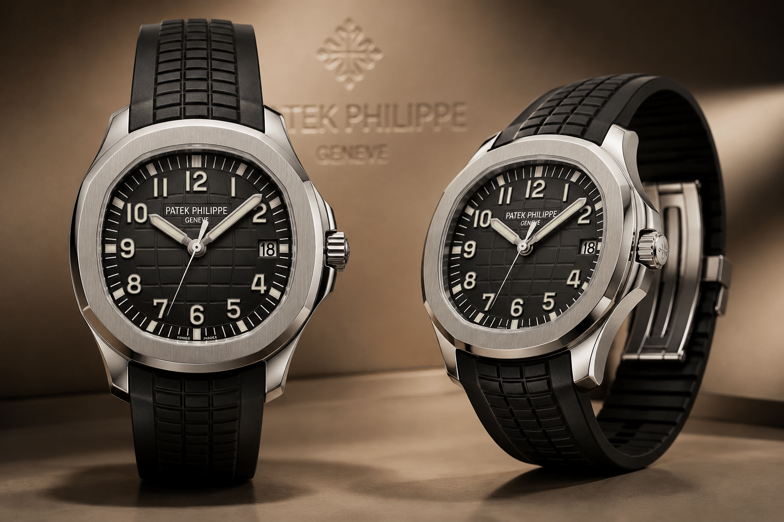 front and three-quarter view showing Aquanaut bezel profile, crown position, and rounded-square case balance