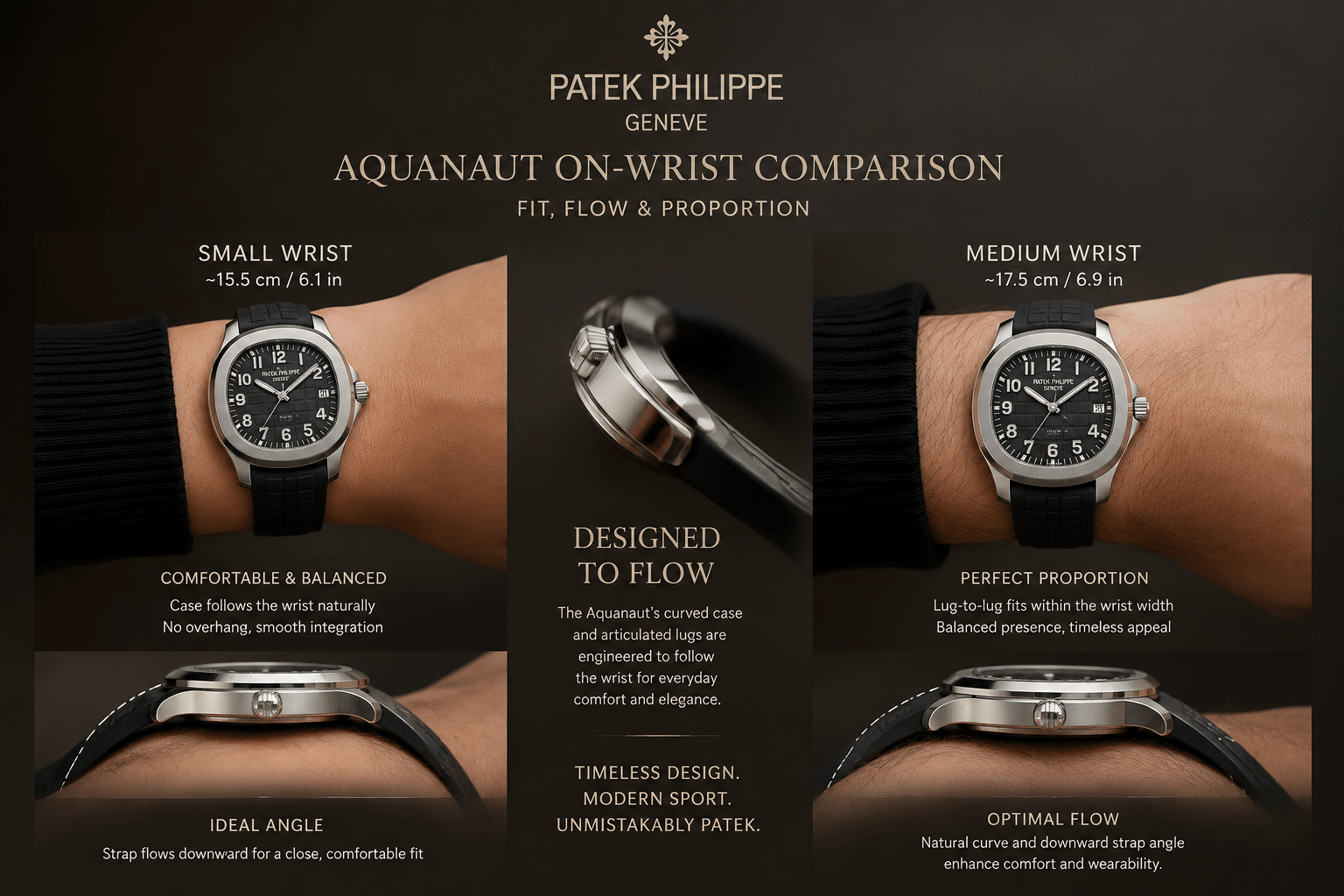 on-wrist comparison of Aquanaut fit on small and medium wrists, highlighting strap angle and case flow