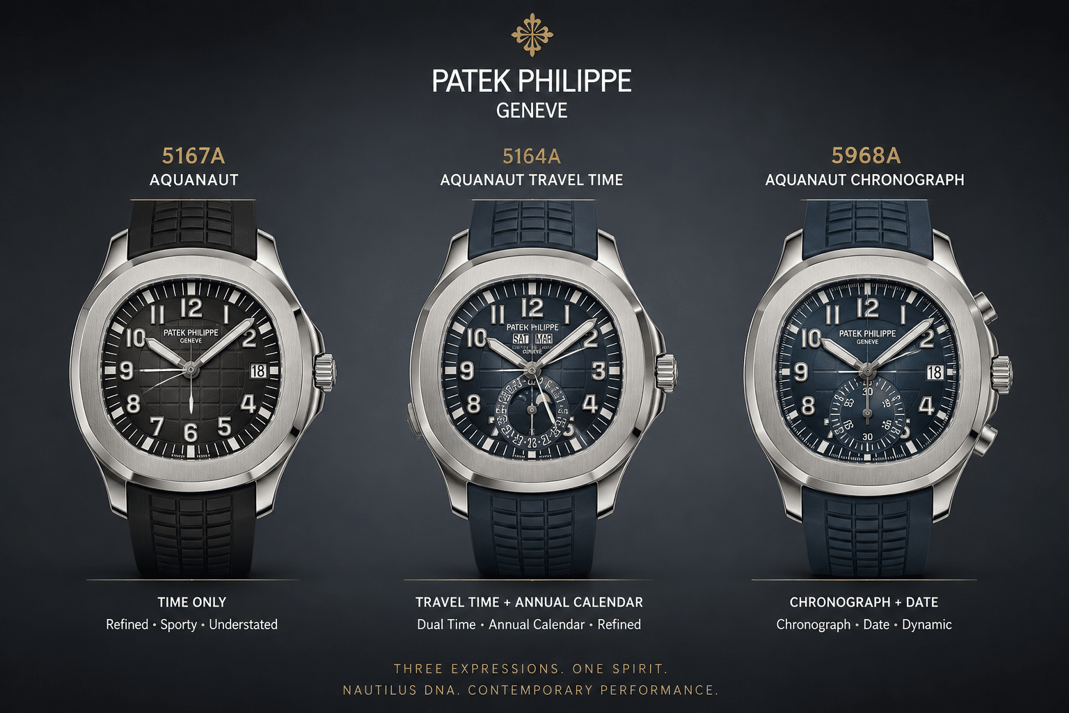 side-by-side reference overview showing 5167A, 5164A, and 5968A with emphasis on case shape, dial layout, and complication density