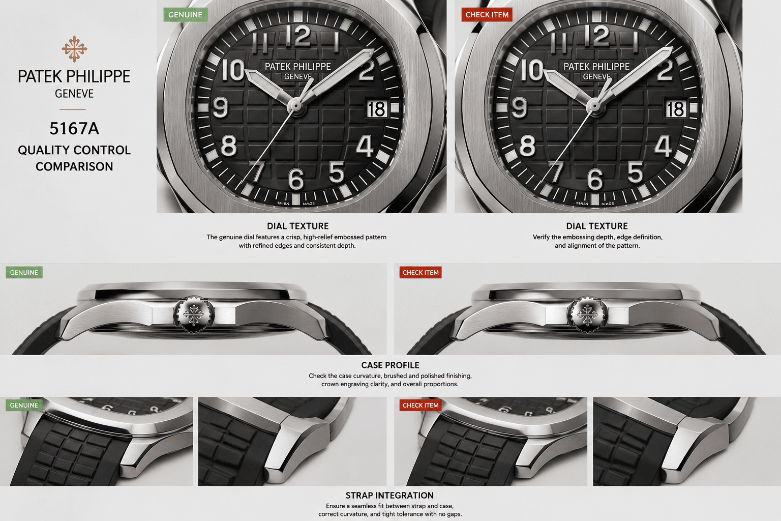close-up QC-style comparison of 5167A embossed dial texture, side case profile, and strap integration under neutral light