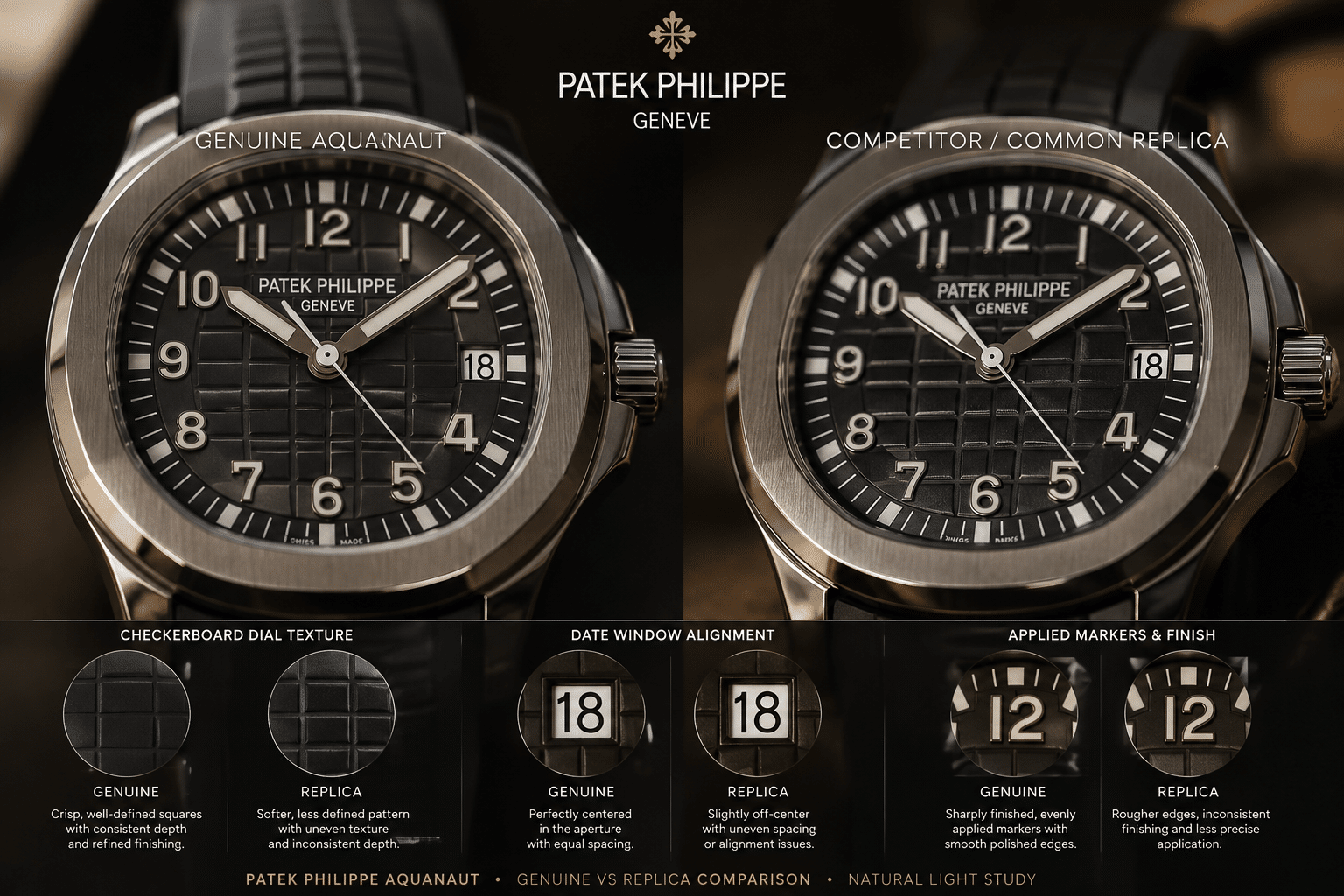 close-up comparison of Aquanaut checkerboard dial texture, date window alignment, and applied markers under natural light