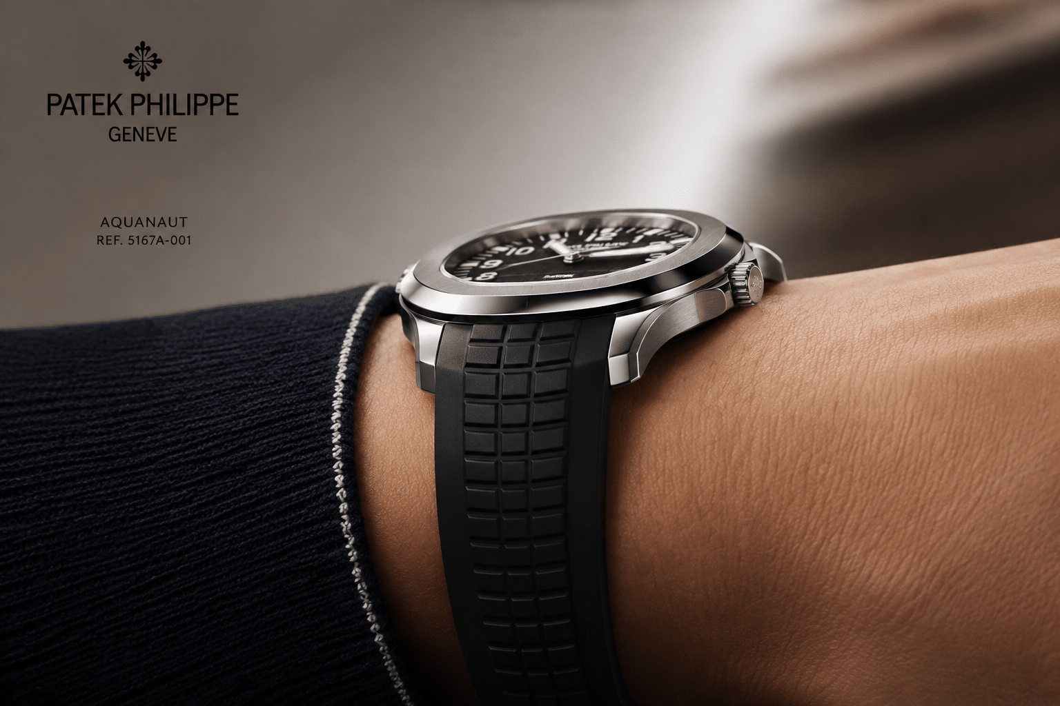 side profile view showing Aquanaut case thickness, bezel transition, and strap-to-case fit on the wrist